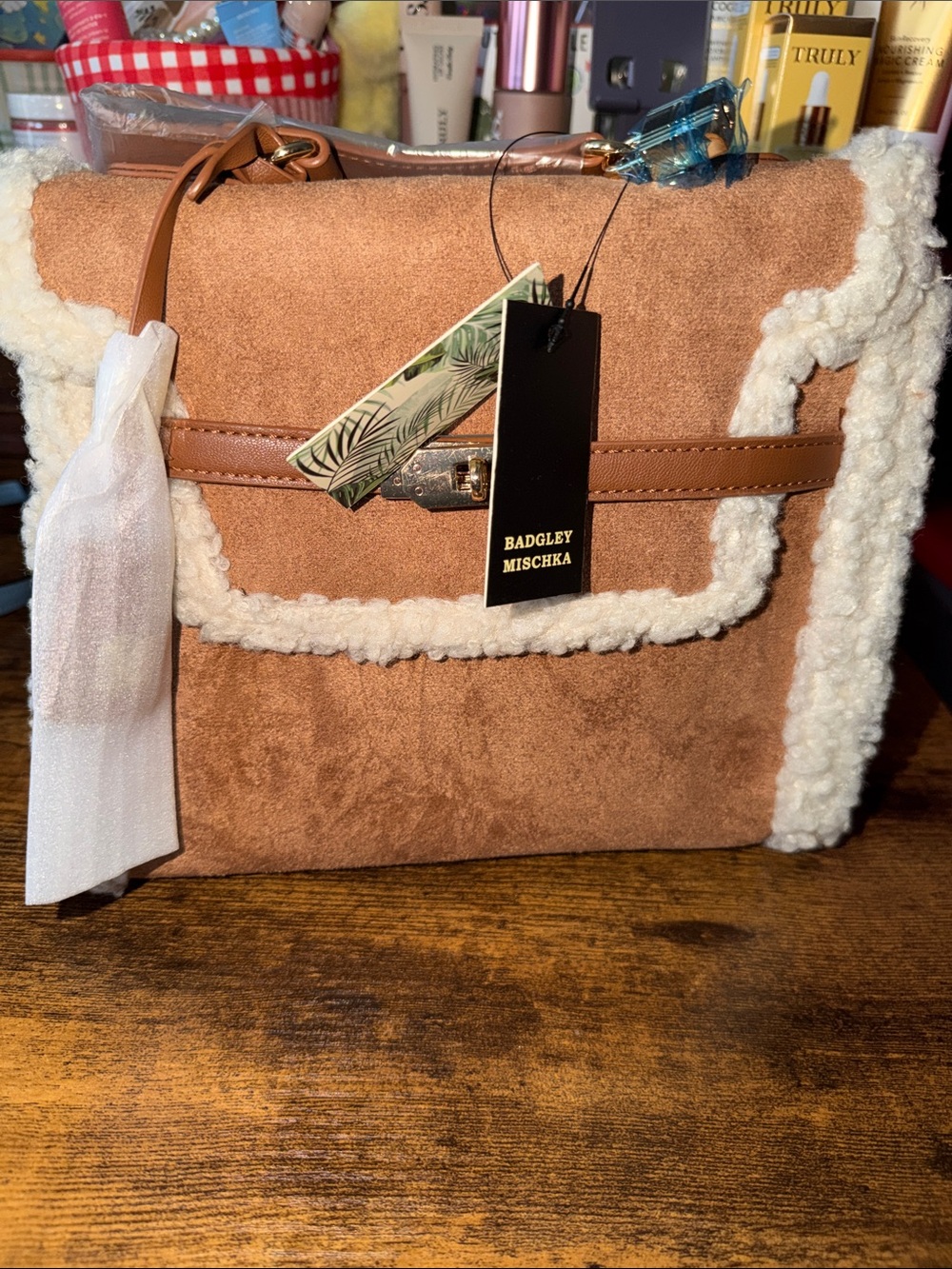 Badgley Mischka Tan Suede Shoulder Bag with Cream Shearling Trim